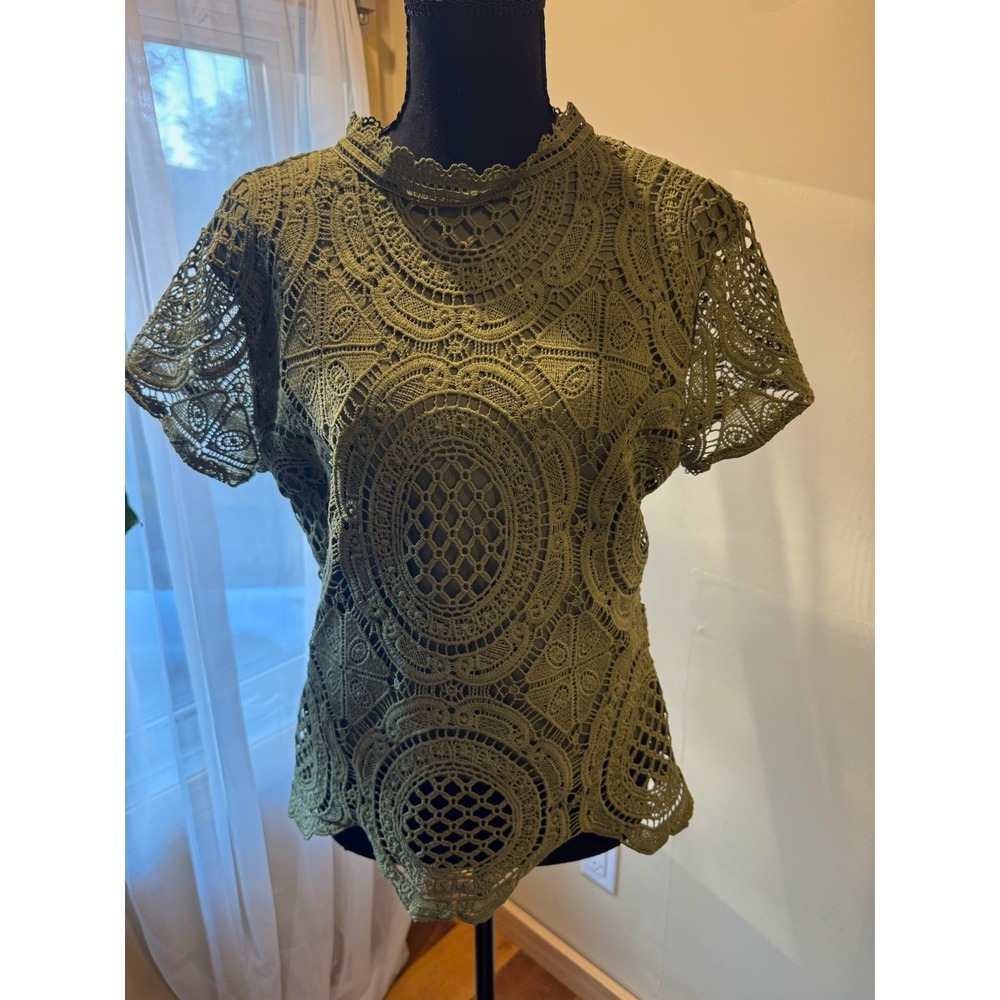 Victorian Style Green Crochet Lace High Neck Short Sleeve Sheer Keyhole Blouse